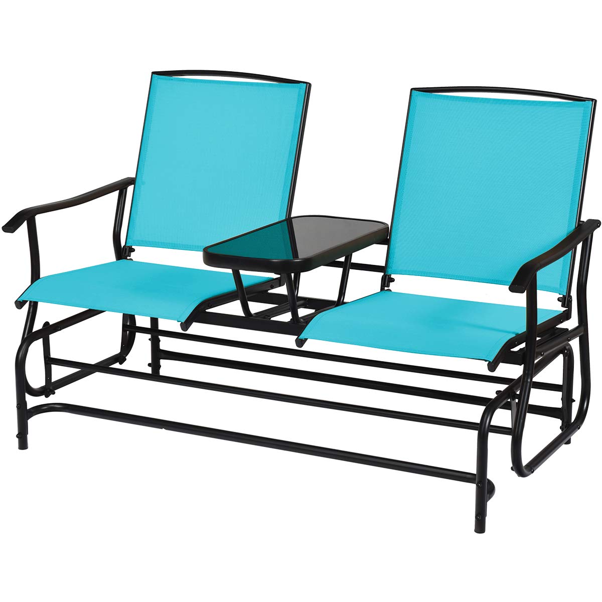 Giantex 2 Person Outdoor Double Glider Chair, Mesh Fabric Rocking Chair w/Center Tempered Glass Table
