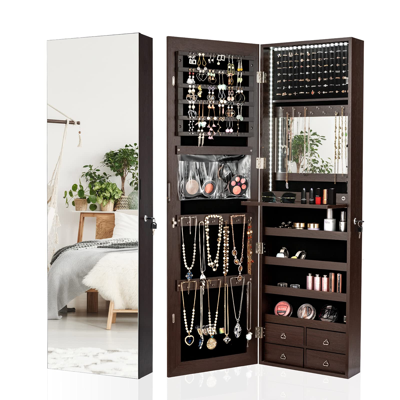 CHARMAID LED Strip Jewelry Armoire with 47.2" H Full Length Mirror