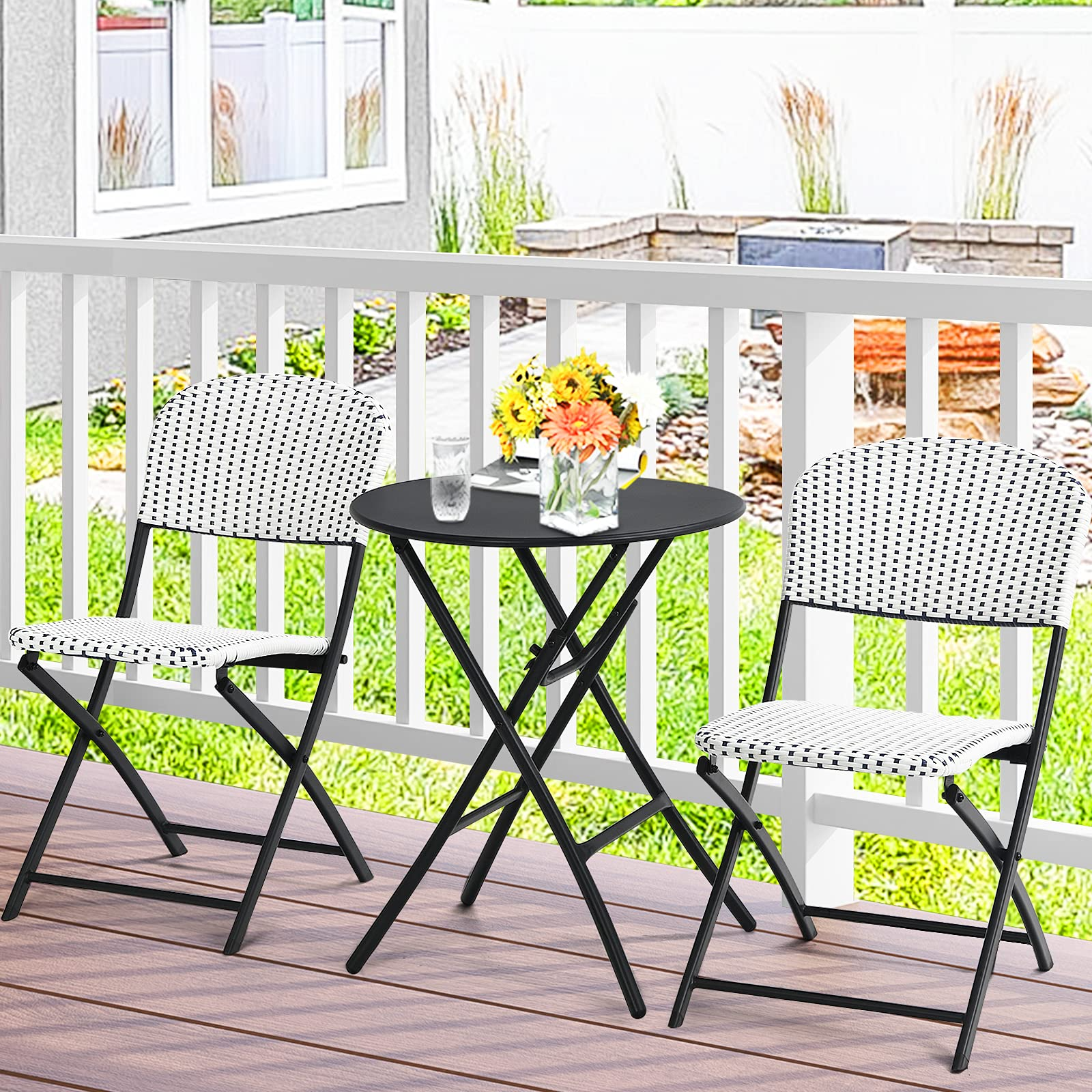 Giantex 3 Pieces Patio Dining Set, Folding Bistro Table with 2 Rattan Chairs