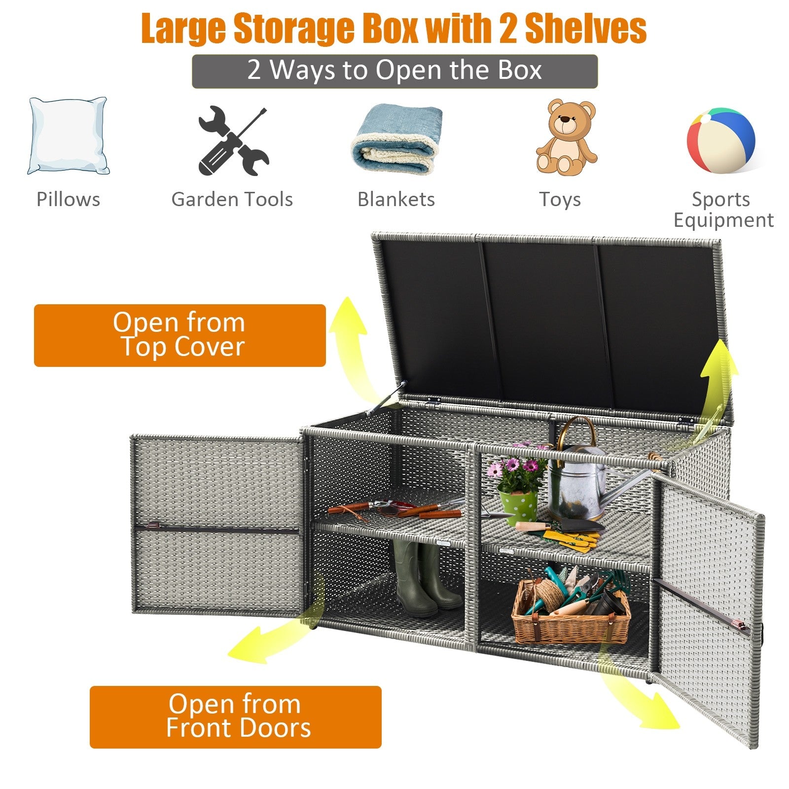 Rattan Deck Box Outdoor&Indoor 88 Gallon Wicker Storage Bench W/Separate Storage Shelf
