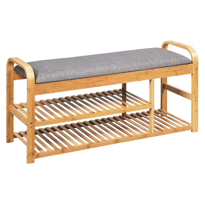 Giantex Shoe Rack Bench, Entryway 3-Tier Bamboo Shoe Organizer with Cushion (Natural and Grey)