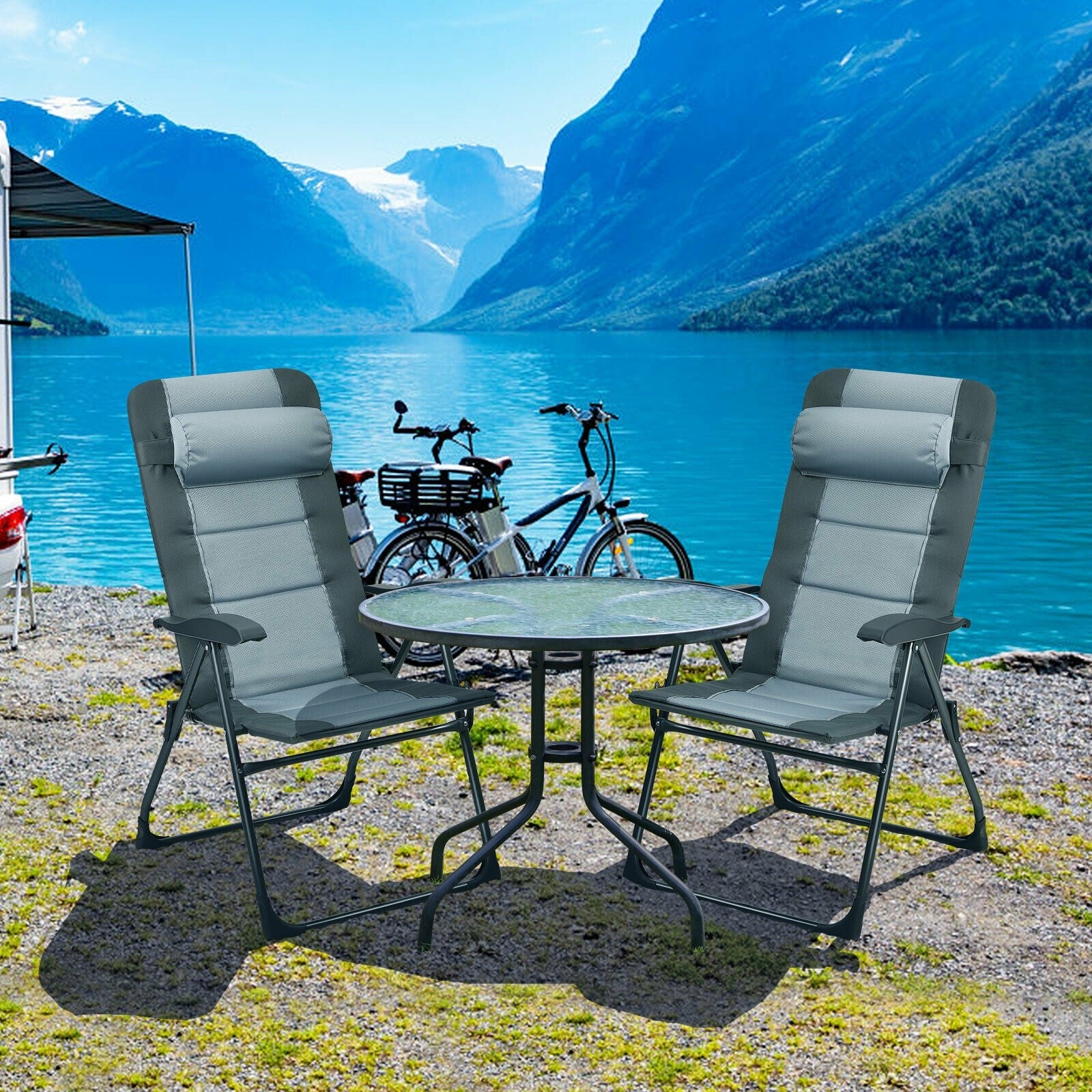 Giantex Set of 2 Patio Dining Chairs with Ottoman, Folding Recliner Chairs (Grey)