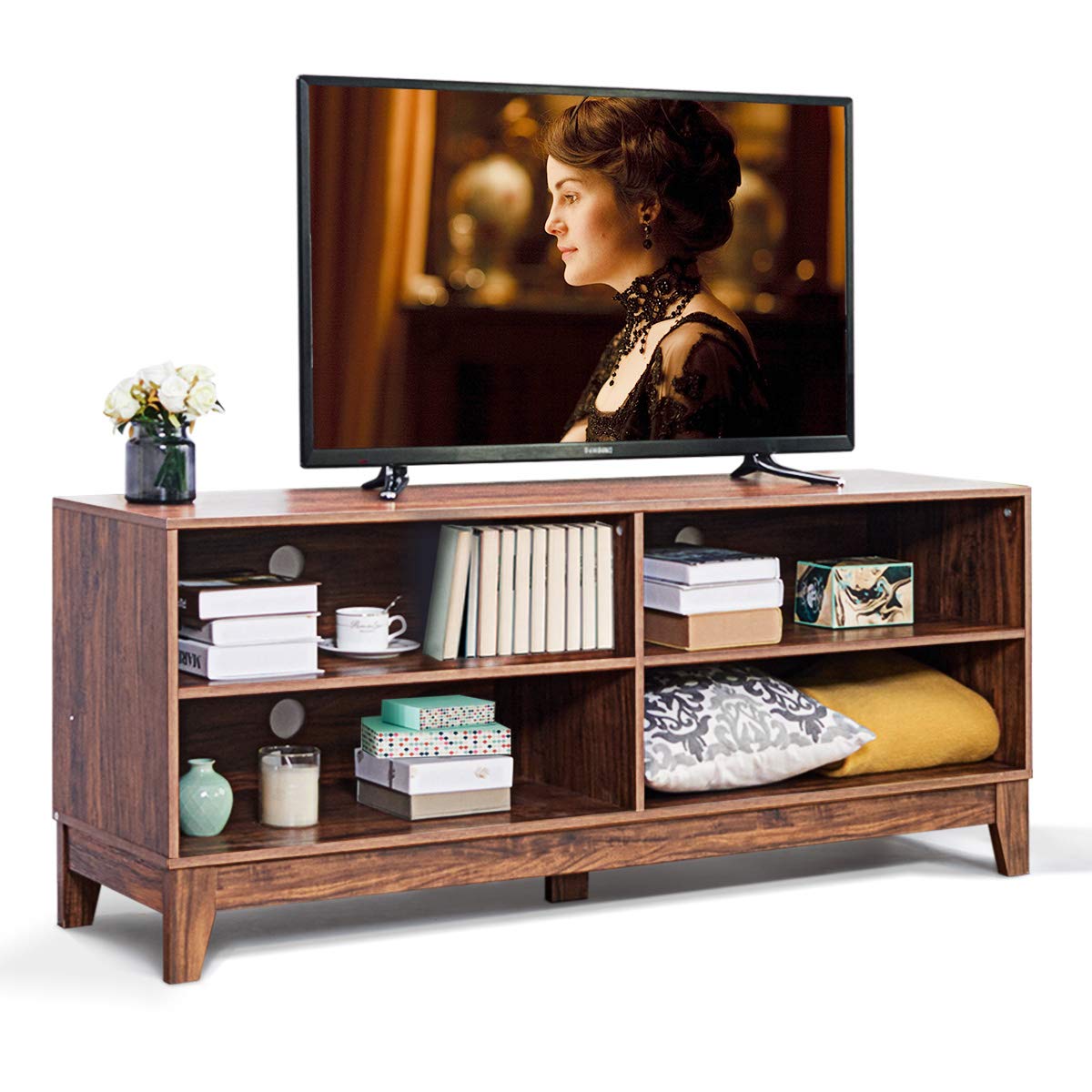 Giantex TV Stand Console Table Cabinet for 60" TV, Large Storage for Living Recreation Room W/ 4 Open Shelves