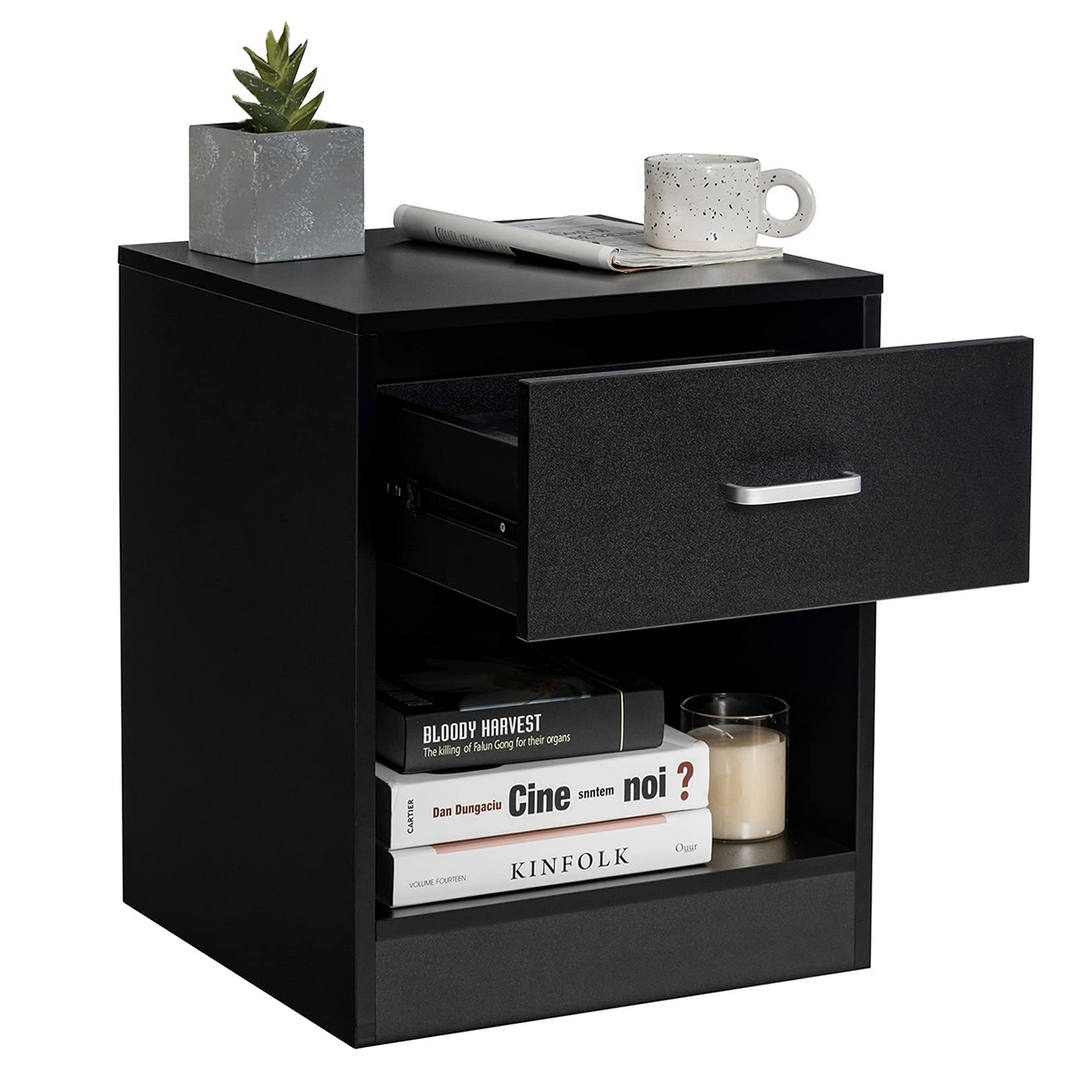 Giantex Nightstand w/Drawer, 2-Tier Wooden Bedside Table, Black