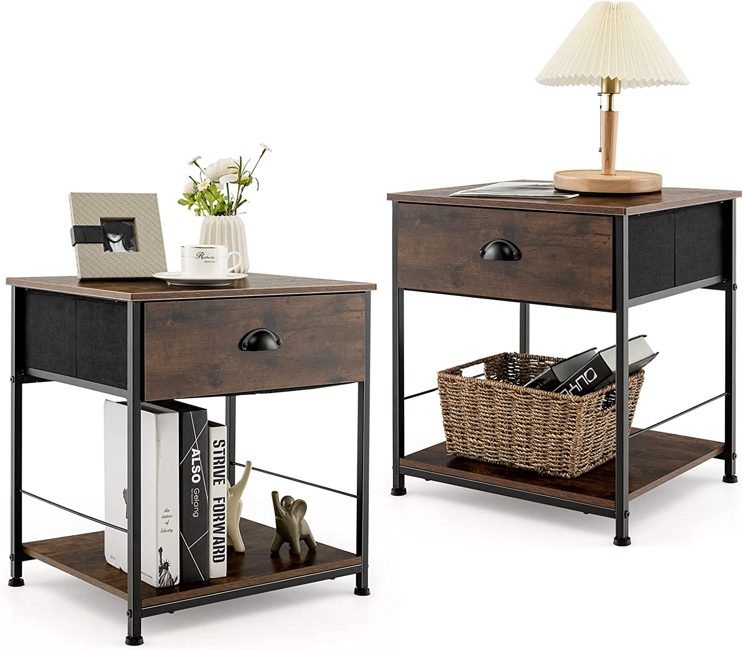 Giantex Nightstand with Drawers, Bedside Table w/Removable Fabric Bins & Pull Handle