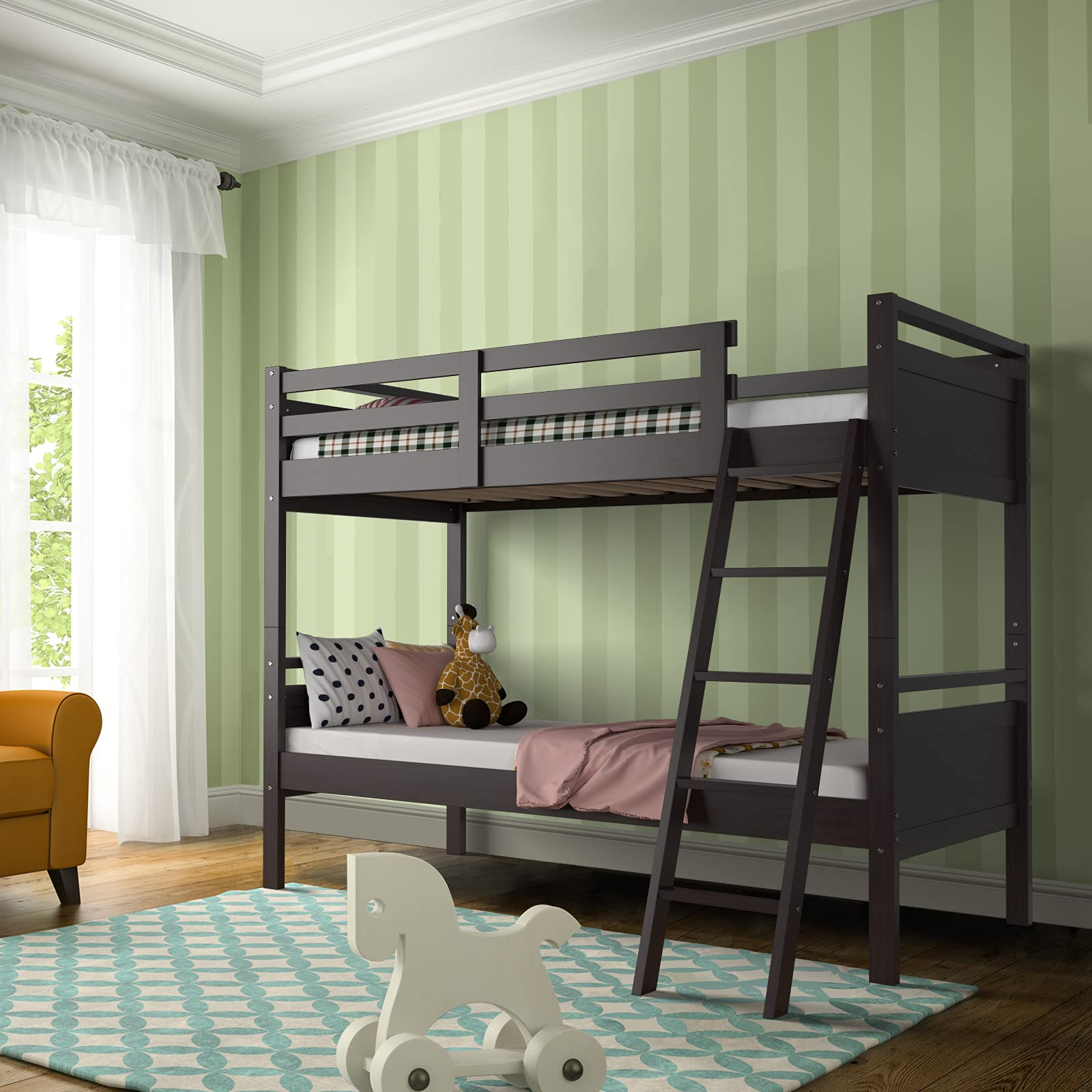 Giantex Twin Over Twin Bunk Bed, Solid Wood Twin Bunk Bed Convertible Into Two Individual Beds