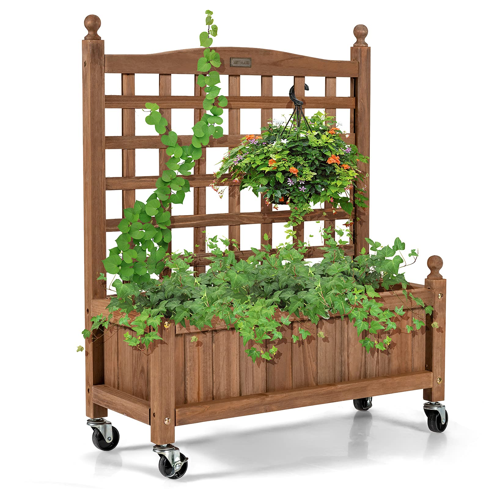 Wood Planter with Lattice Trellis and Wheels, 25'' x 11'' x 32.5'' (L x W x H)