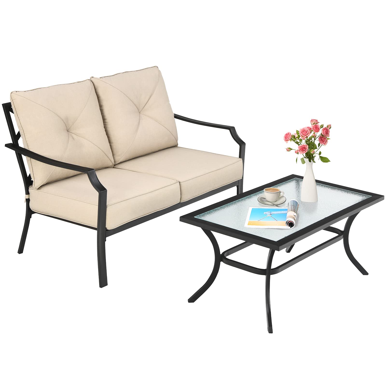 Giantex 2 Pcs Patio Loveseat Set, 2 Seat Bench Sofa with Coffee Table(Beige)