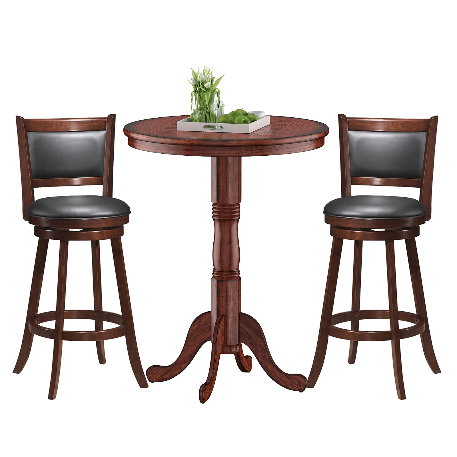 Giantex 3 Pcs Pub Table Set, Wooden Pub Pedestal Side Table w/Stable Base