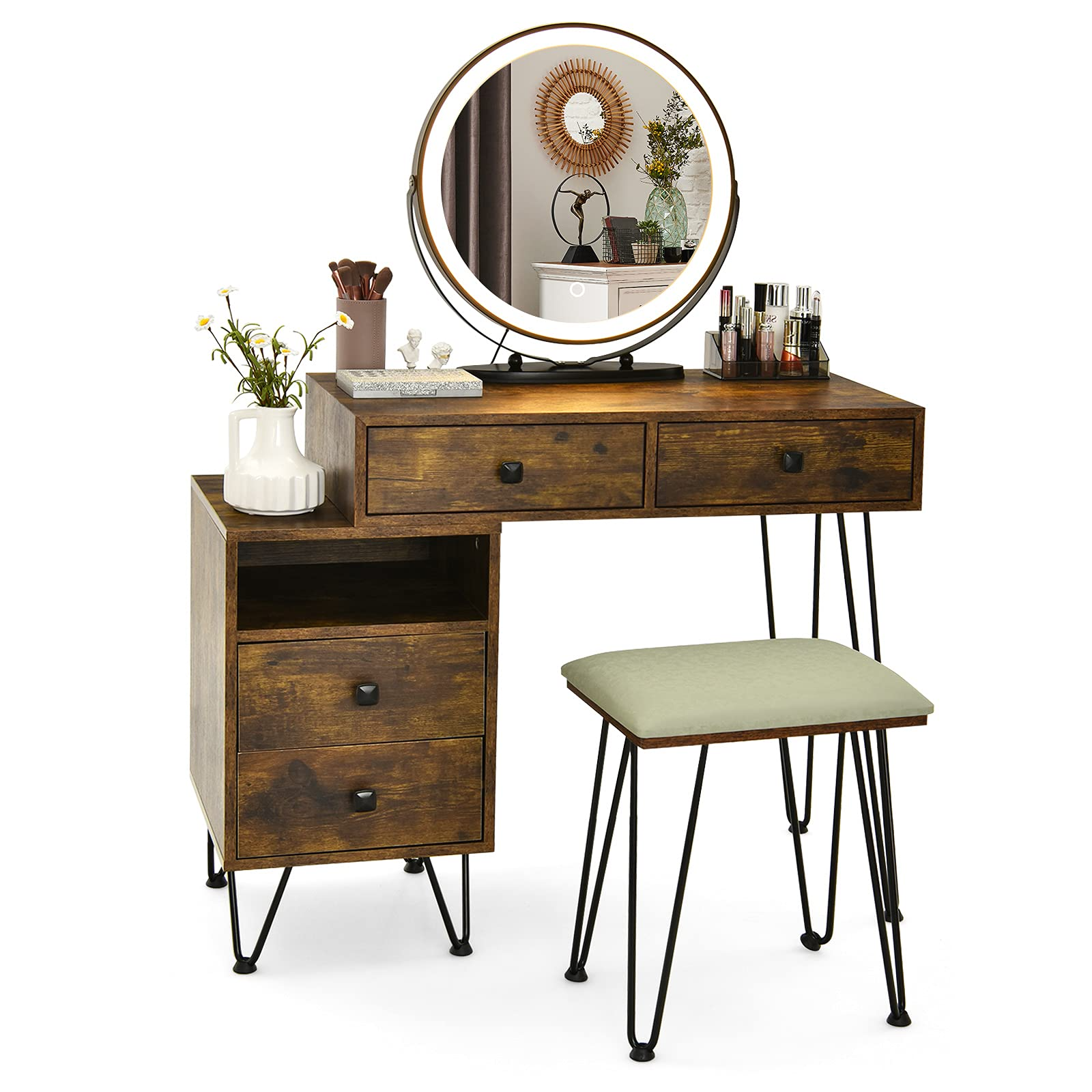 CHARMAID Vanity Set with 3 Colors Lighted Mirror, Left or Right Side Cabinet