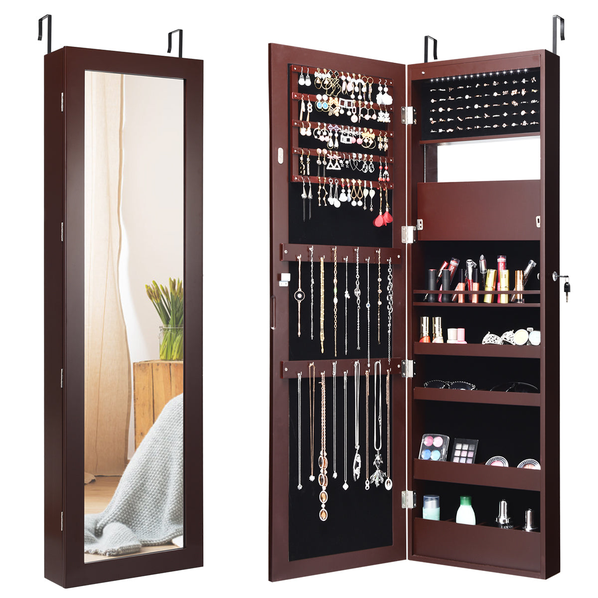  15 LEDs Wall Door Mounted Jewelry Armoire with Mirror - Giantex