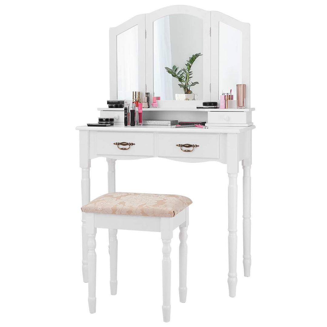 Giantex Modern Bedroom Bathroom Makeup Vanity Desk with Cushioned Stool for Girls Women