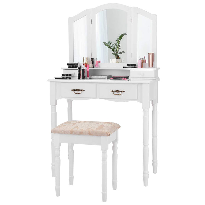 Giantex Modern Bedroom Bathroom Makeup Vanity Desk with Cushioned Stool for Girls Women