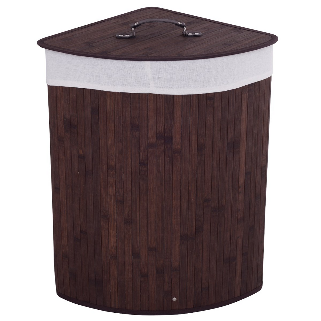 Giantex Corner Laundry Hamper with Lid, Bamboo Laundry Basket with Removable Liner and Handle