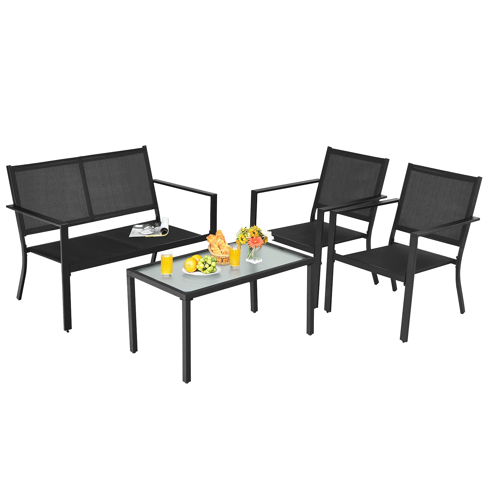 Giantex 4 Pieces Patio Furniture Set, Outdoor Conversation Set, Loveseat Bench with 2 Patio Chairs & Tempered Glass Coffee Table