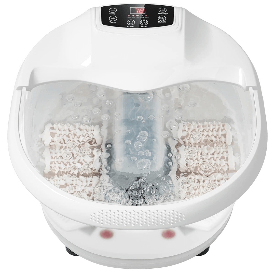 Giantex Foot Spa Bath Massager with Heat Bubbles, 6 Motorized Massage Rollers, Fast Heating, Red Light, Adjustable Temperature & Time (Blue/White) - Giantexus