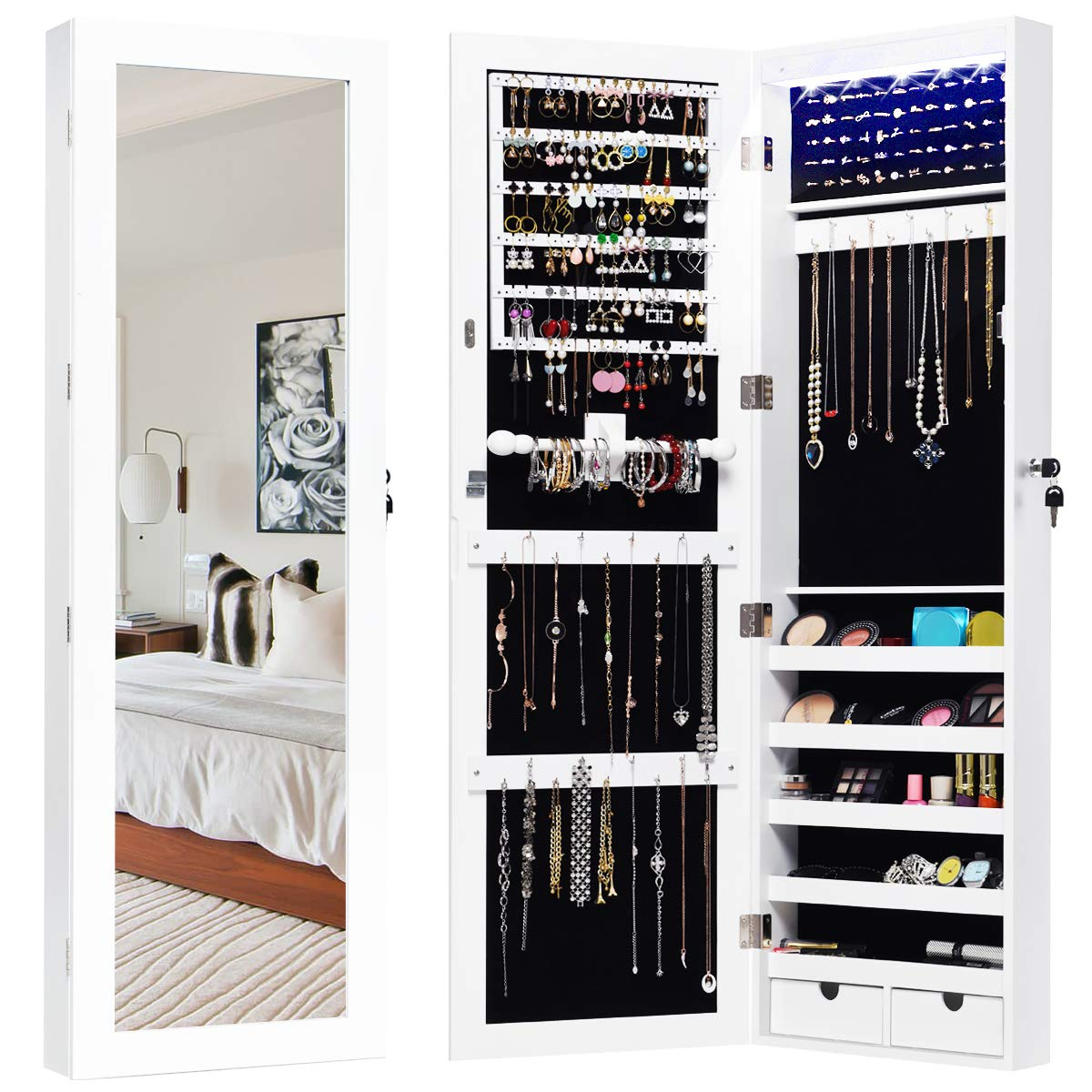 Wall Door Mount Jewelry Armoire Cabinet with 15 LED Lights - Giantex