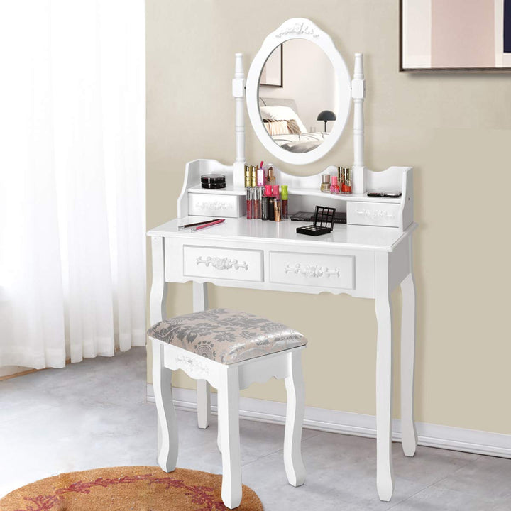 Giantex White Vanity Table Set with Oval Mirror and 4 Drawers