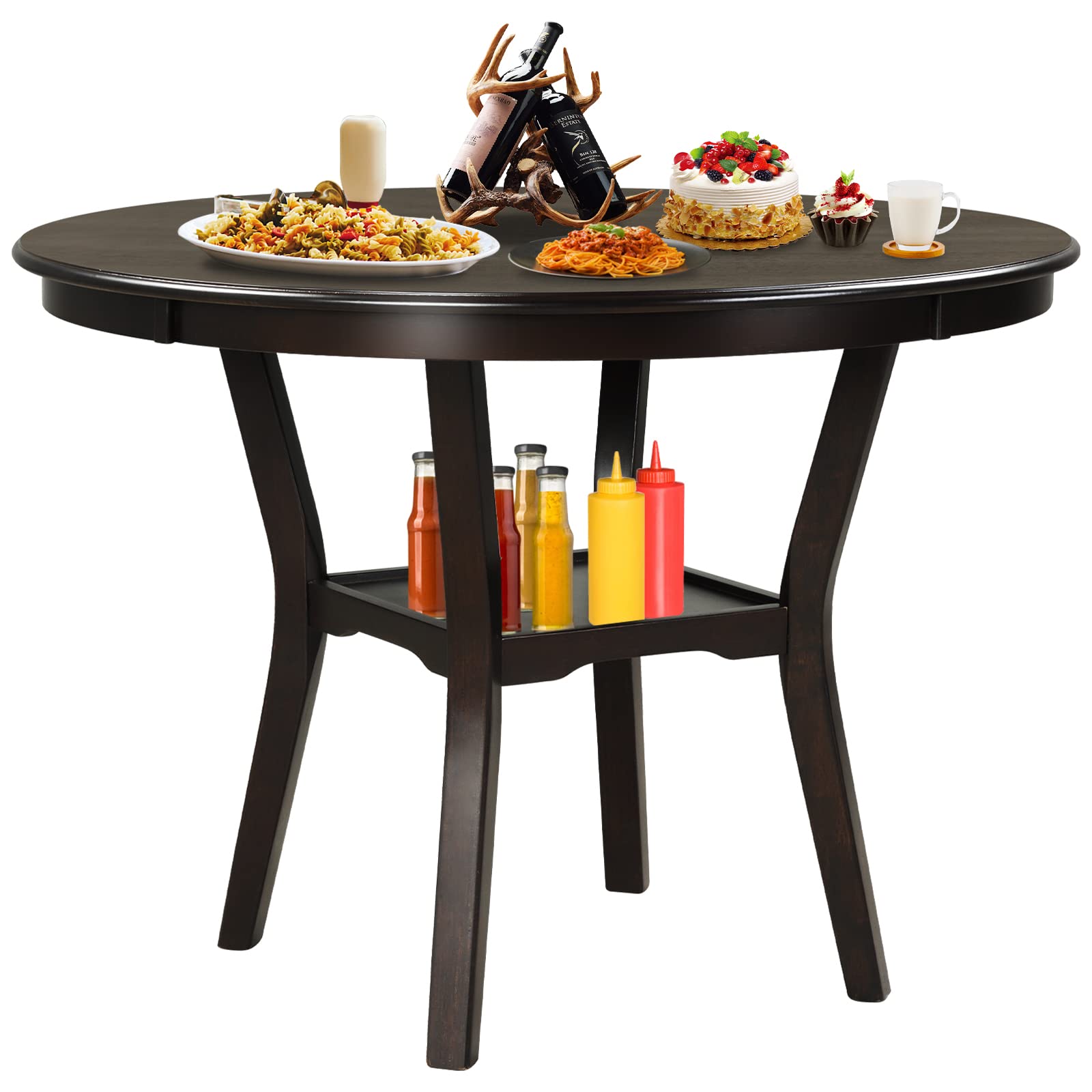 Giantex Round Dining Table, 42 Inch Wood Farmhouse Kitchen Table with Storage Shelf