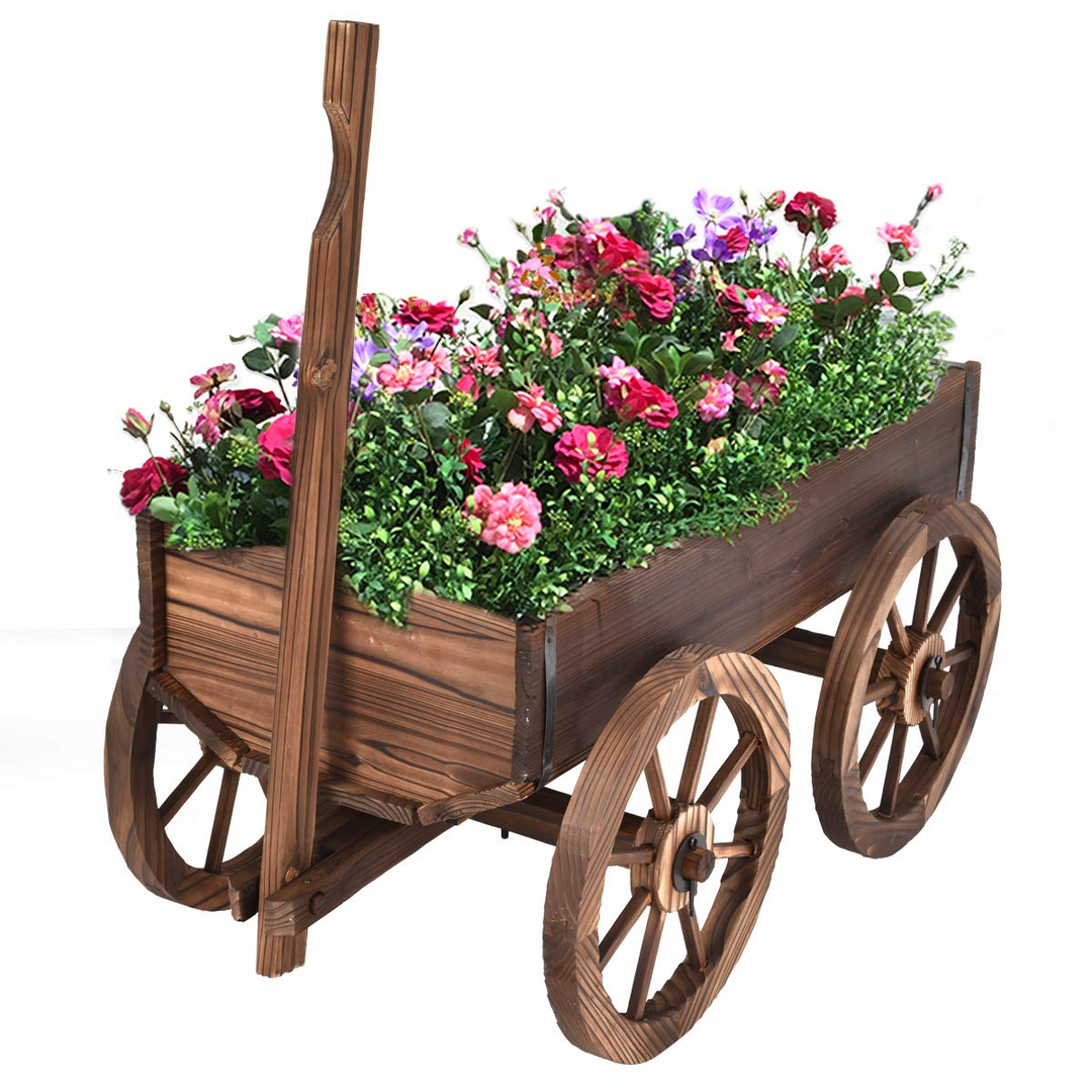 plant pot wheels outdoor Wood Wagon Planter Pot Stand with Wheels