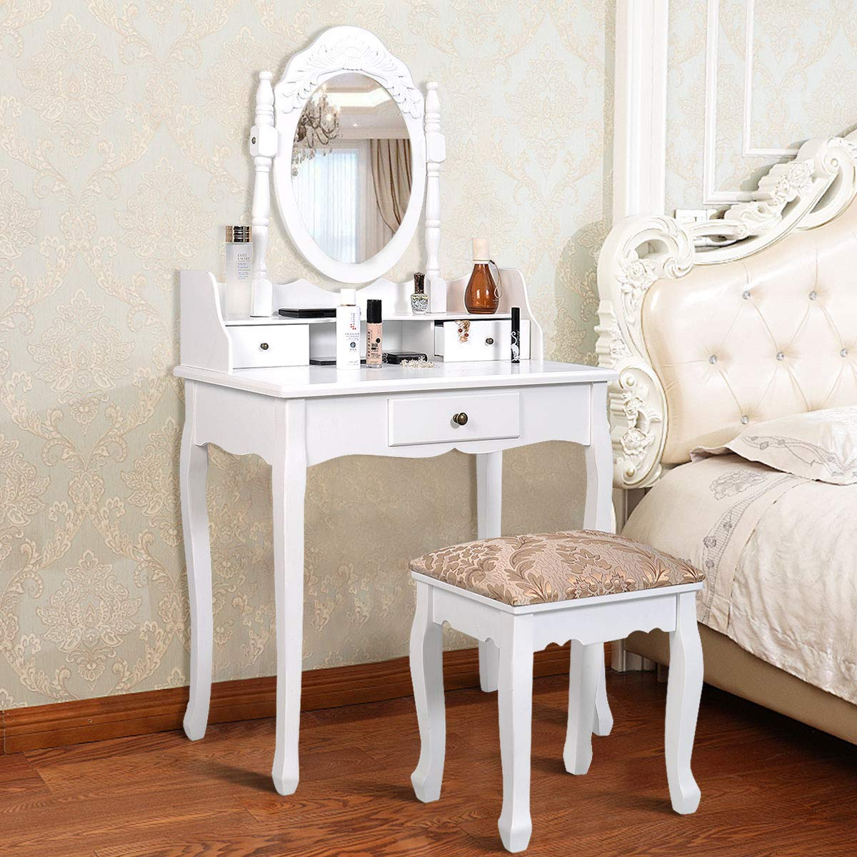 Giantex Bedroom Bathroom Makeup Table with Rotatable Mirror for Girls Women (White)