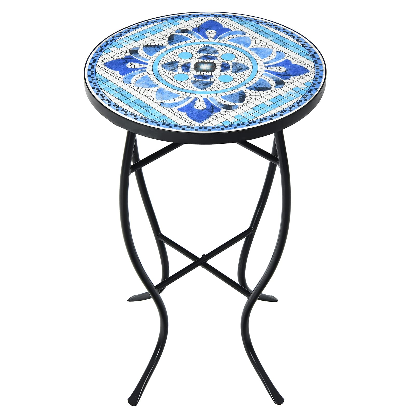Giantex Folding Mosaic Patio Table, 14'' Outdoor Side Table Round Accent Table Plant Stand with Ceramic Tile Top