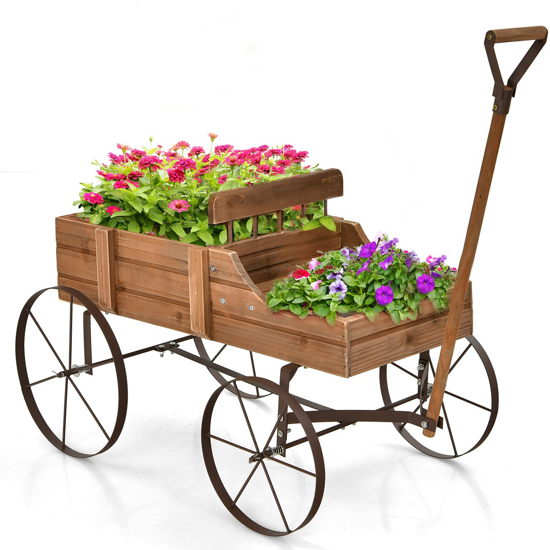 plant pot stand on wheels Giantex Decorative Garden Planter, Small Wagon Cart with Metal Wheels, Wood Raised Beds Plant Pot Stand, Red