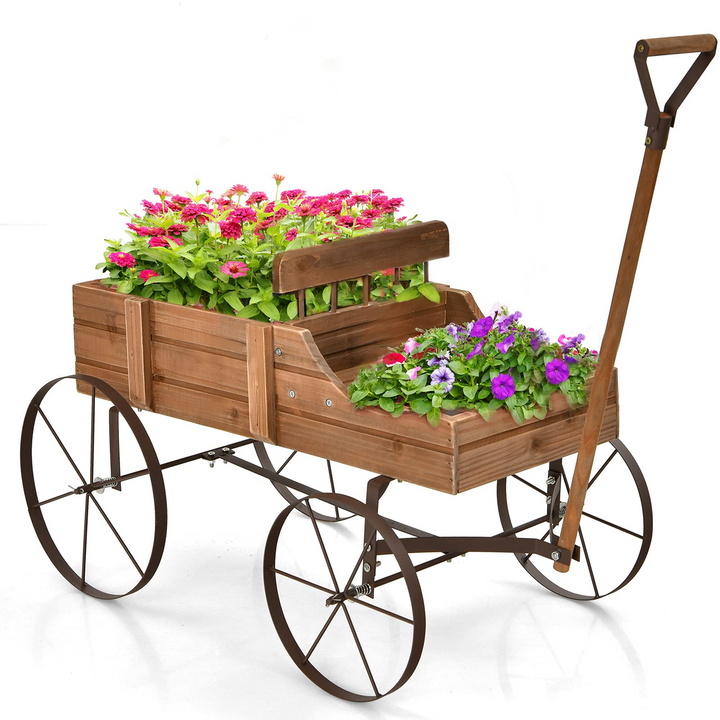 Giantex Decorative Garden Planter, Small Wagon Cart with Metal Wheels, Wood Raised Beds Plant Pot Stand for Backyard Garden Patio 24.5"x13.5"x24"