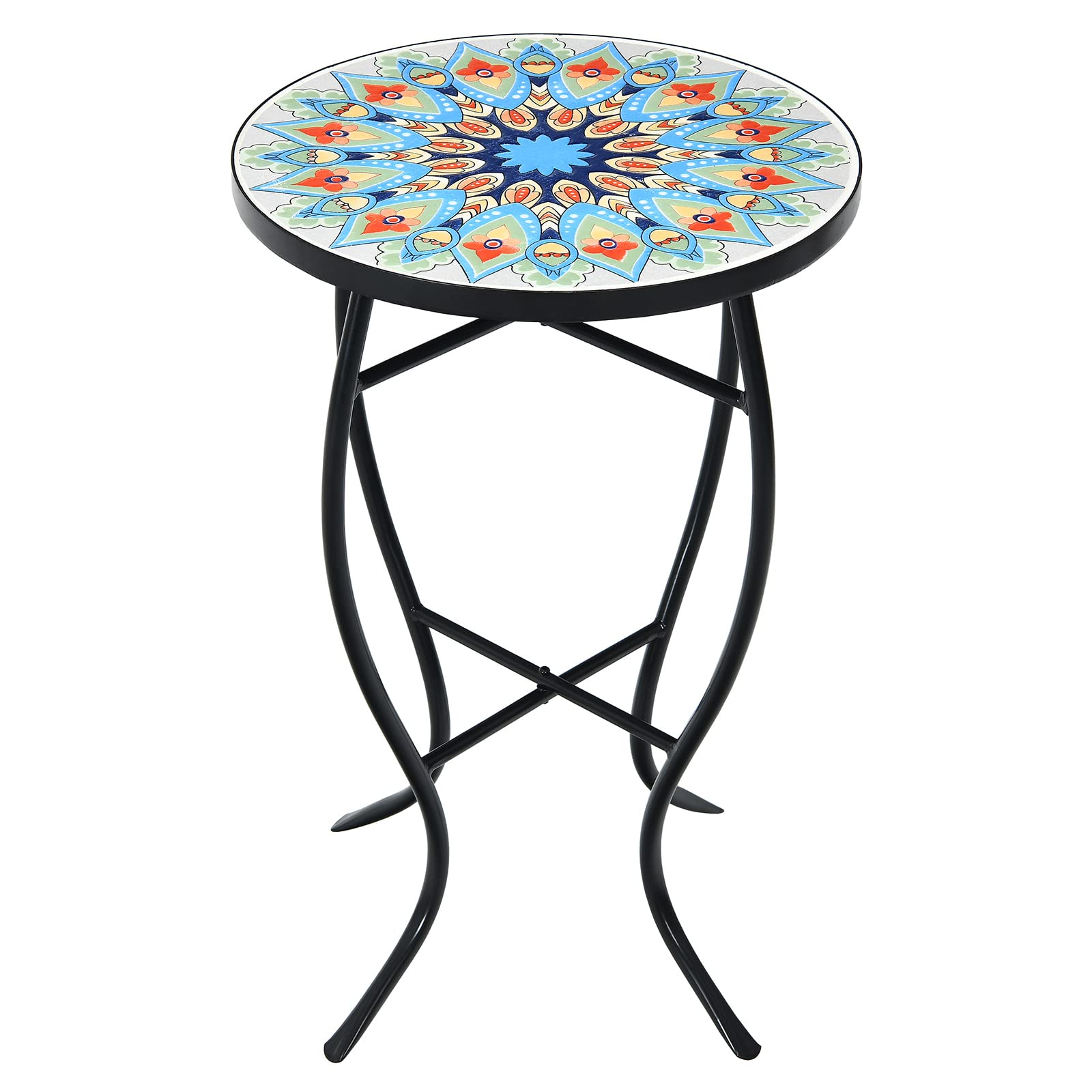 Giantex Folding Mosaic Patio Table, 14'' Outdoor Side Table Round Accent Table Plant Stand with Ceramic Tile Top