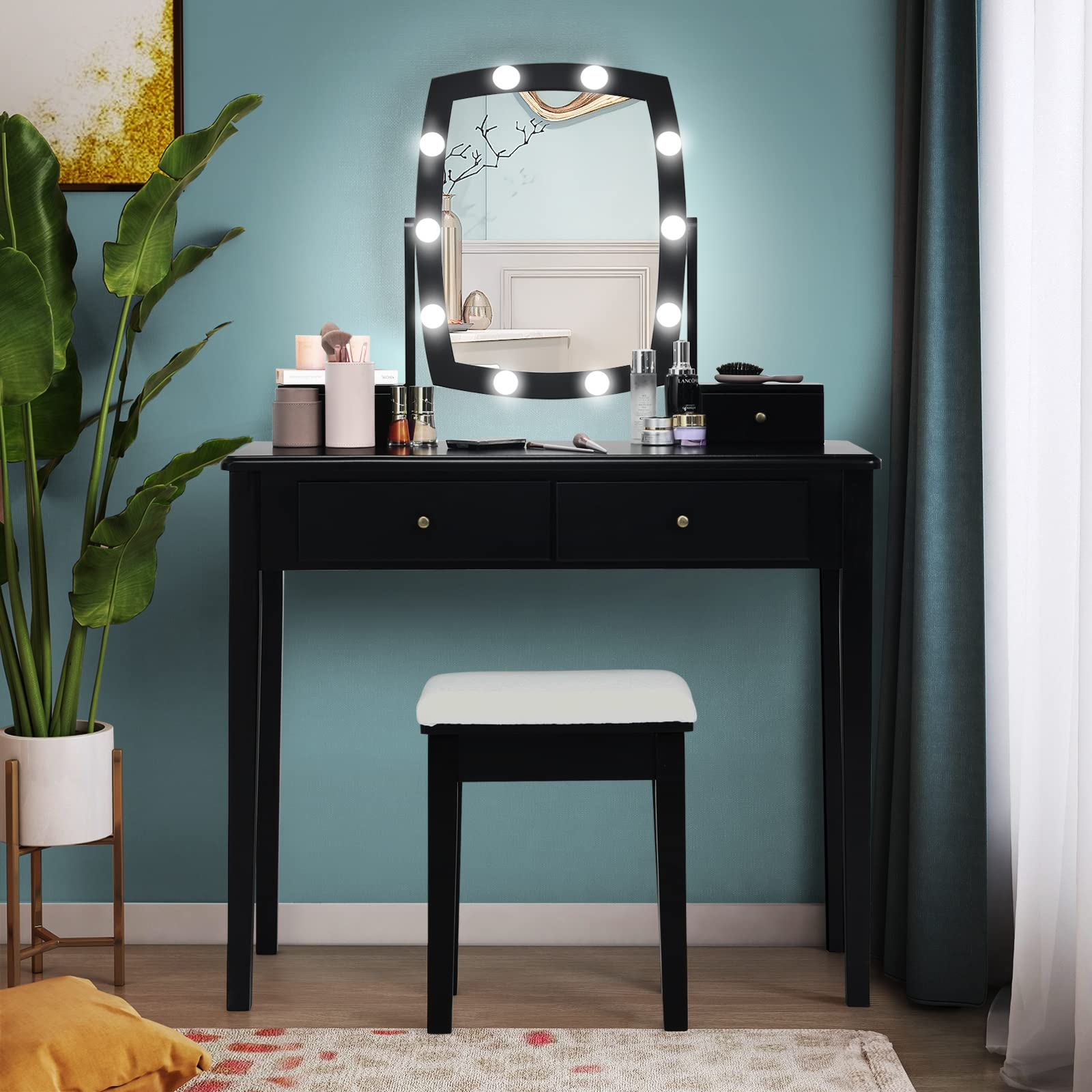 Giantex Modern Bedroom Makeup Desk Dressing Table with Cushioned Stool for Girls Women