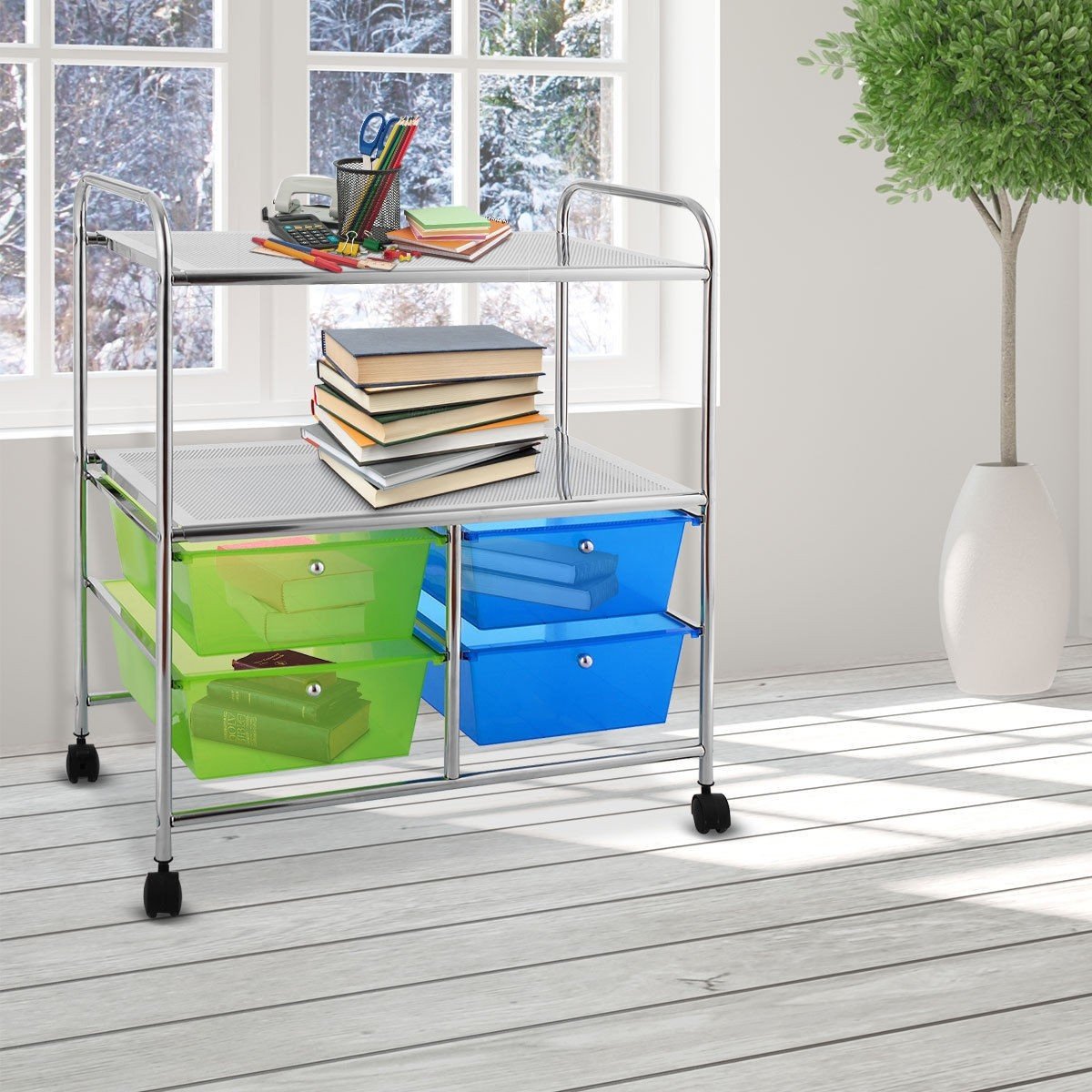 Rolling Storage Cart w/ 4 Drawers 2 Shelves Metal Rack Shelf