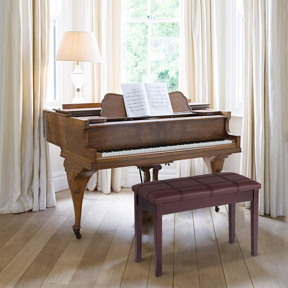 Giantex Wooden Duet Piano Bench with Padded Cushion and Music Storage