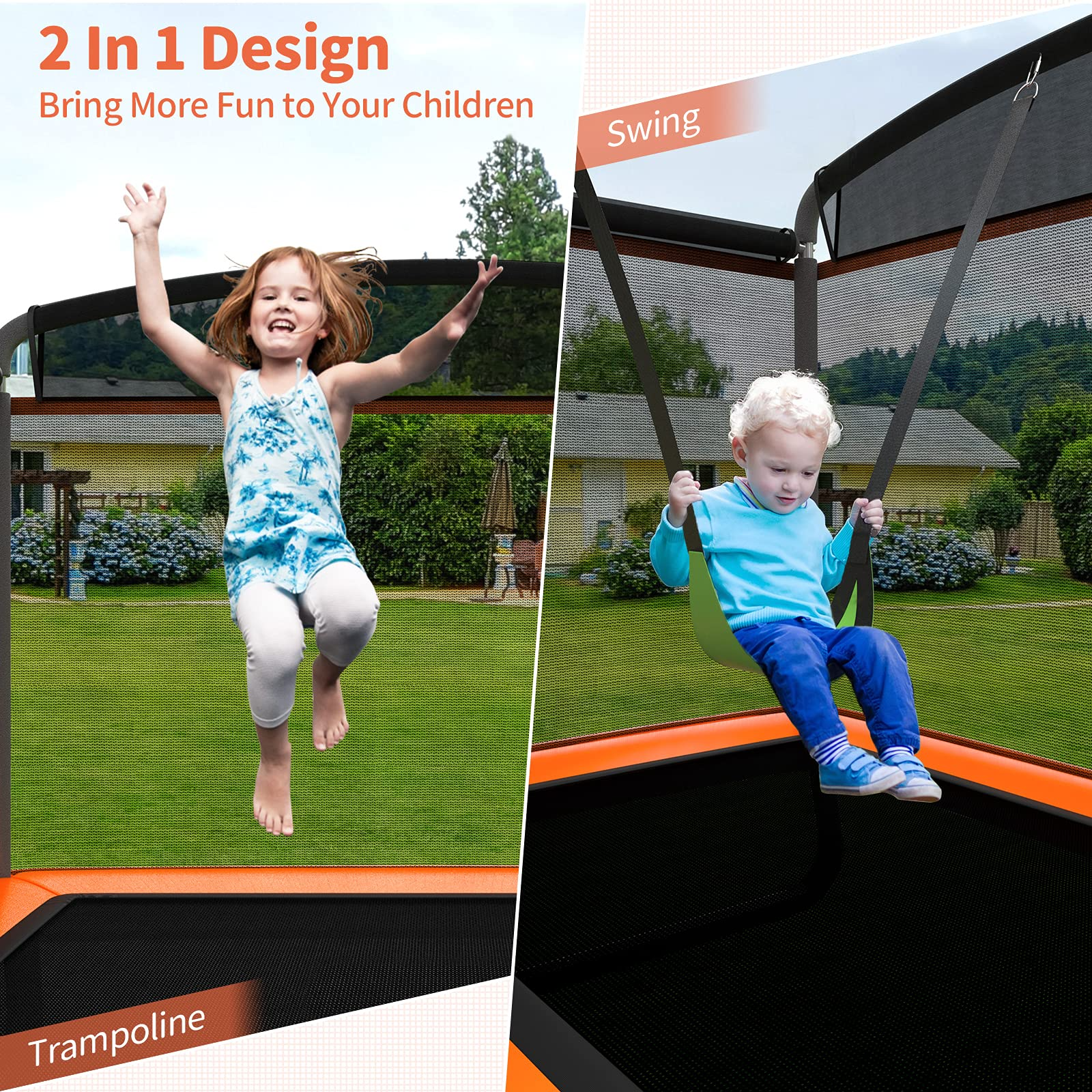 Giantex 6 ft Kids Trampoline with Swing Baby Toddler Rectangle Trampoline Max Load 220lbs Blue Orange Orange