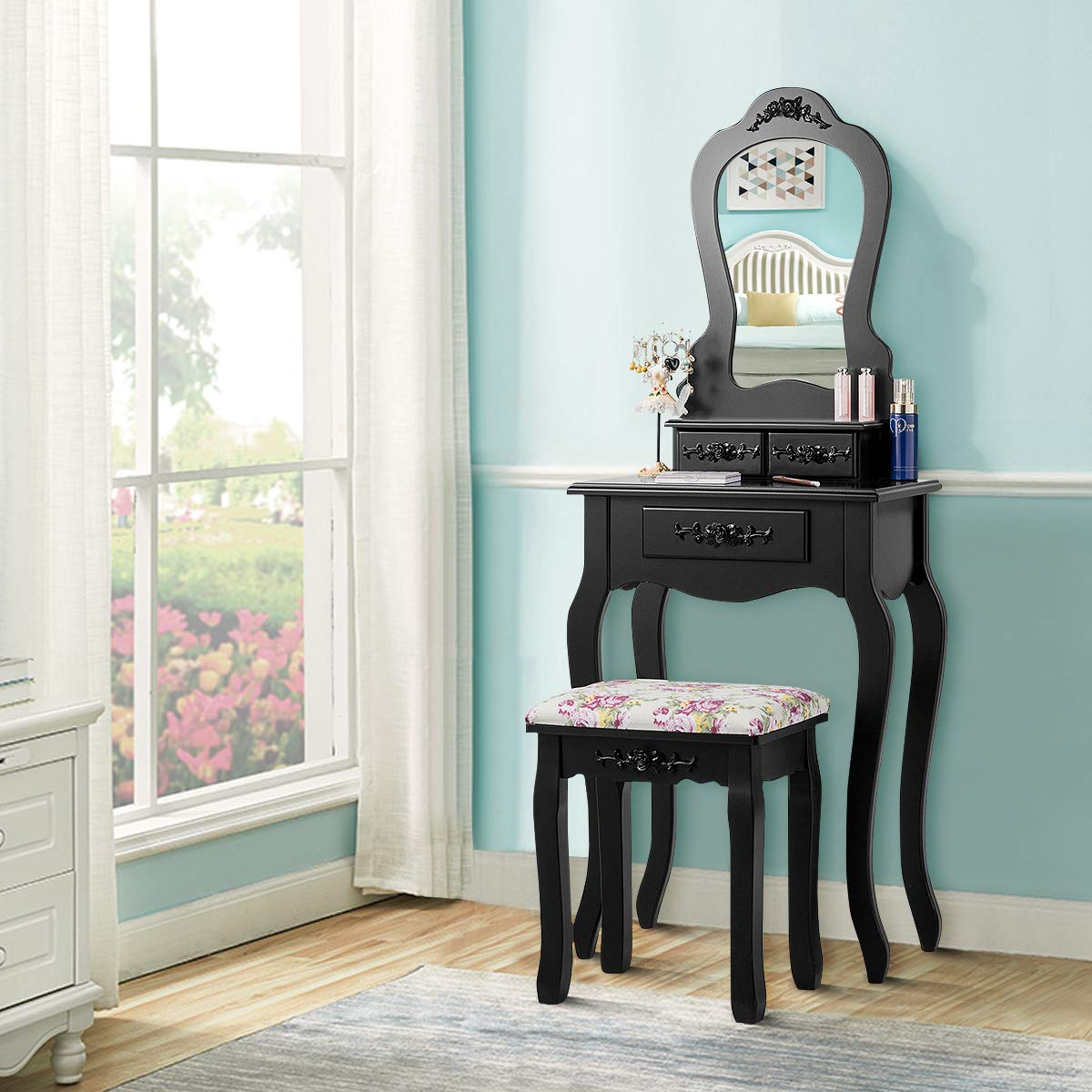Vanity Set with 3 Drawers and Cushioned Stool