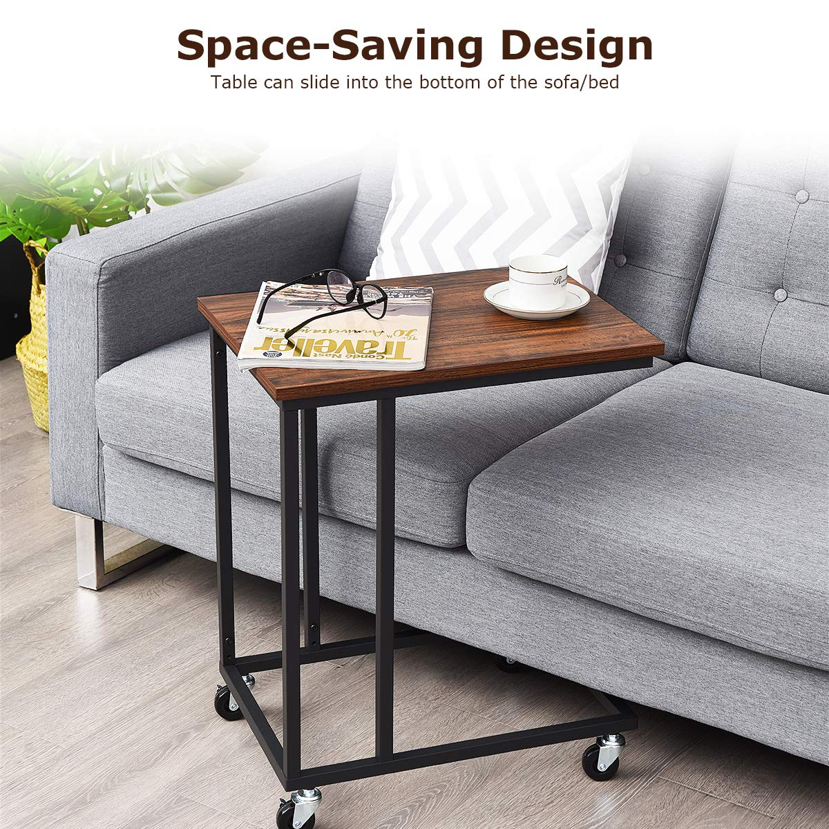 Giantex End Table Accent Sofa Side Table Wooden Rectangle Telephone Table with Rolling Casters