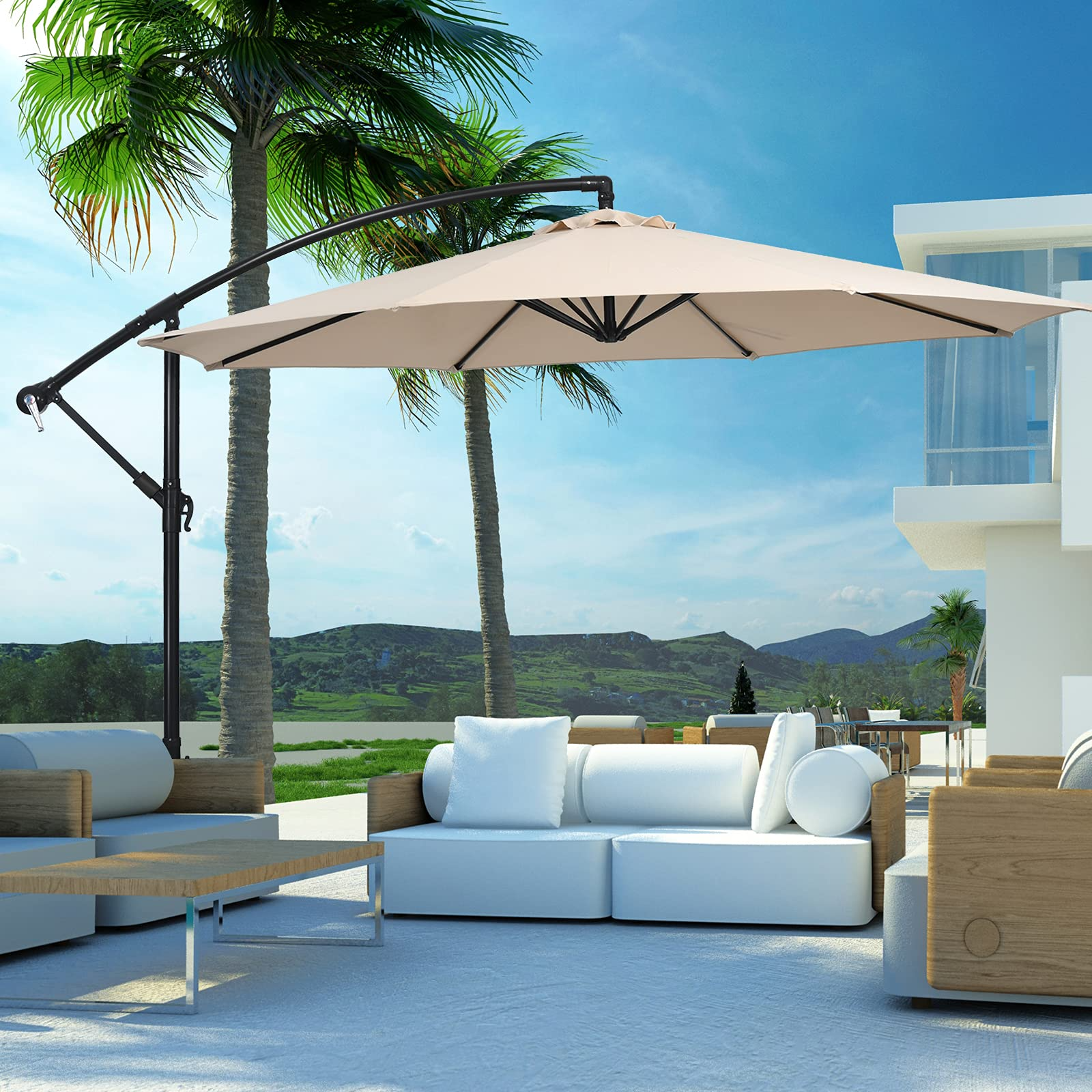 Giantex 10FT Patio Offset Umbrella, 8 Ribs Cantilever Umbrella Outdoor w/Crank, Cross Base