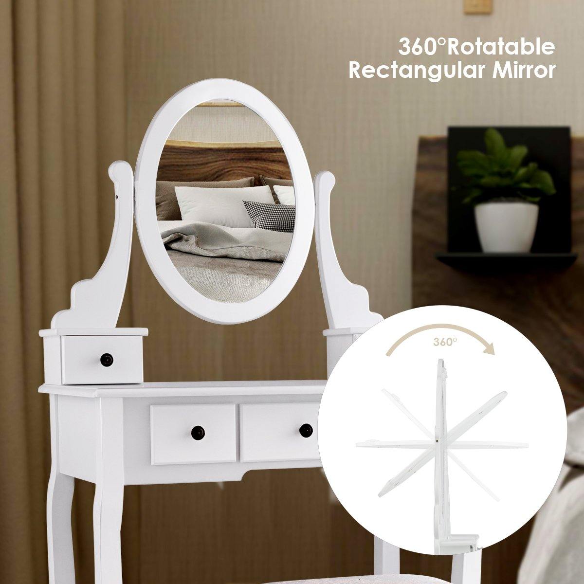 Vanity Set with Oval Mirror and 5 Drawers Girls Women Makeup Organizer Table, White - Giantexus