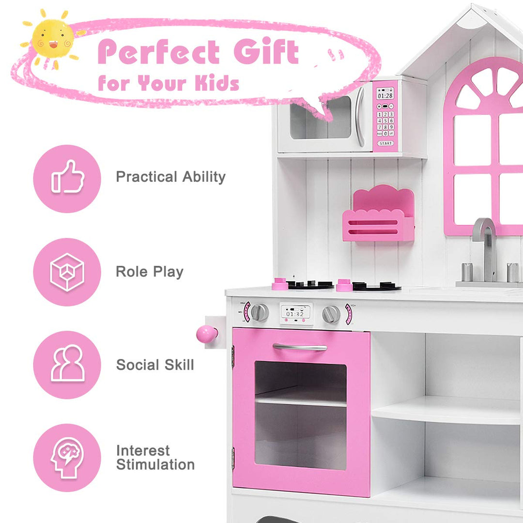 Giantex Wood Play Kitchen, Pink Kids Kitchen Playset for Toddlers