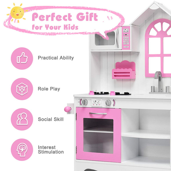 Giantex Wood Play Kitchen, Pink Kids Kitchen Playset for Toddlers