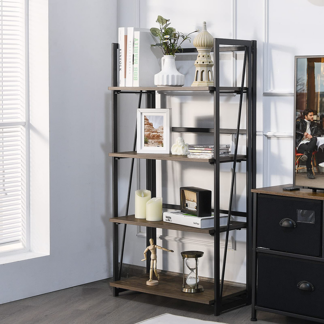 Giantex 4-Tier Bookshelf, No-Assembly Folding Industrial Storage Shelves w/ Anti-Tipping Wall Bolt