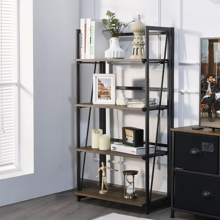 Giantex 4-Tier Bookshelf, No-Assembly Folding Industrial Storage Shelves w/ Anti-Tipping Wall Bolt