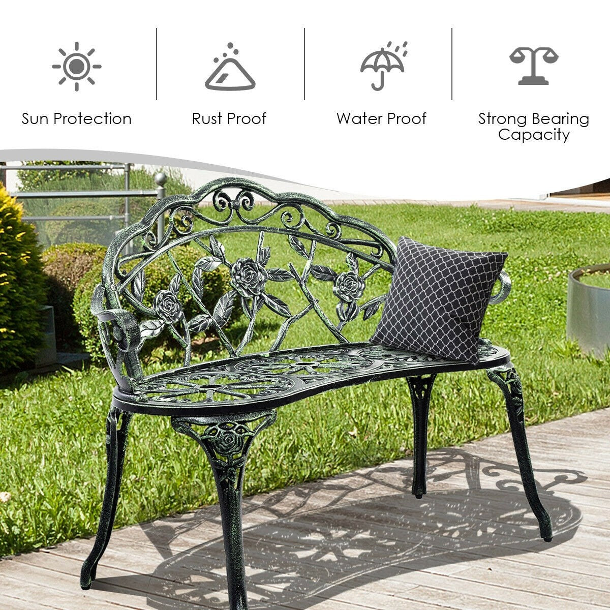 Outdoor Garden Bench Iron Patio Benches for Outdoors, Rose Antique Style