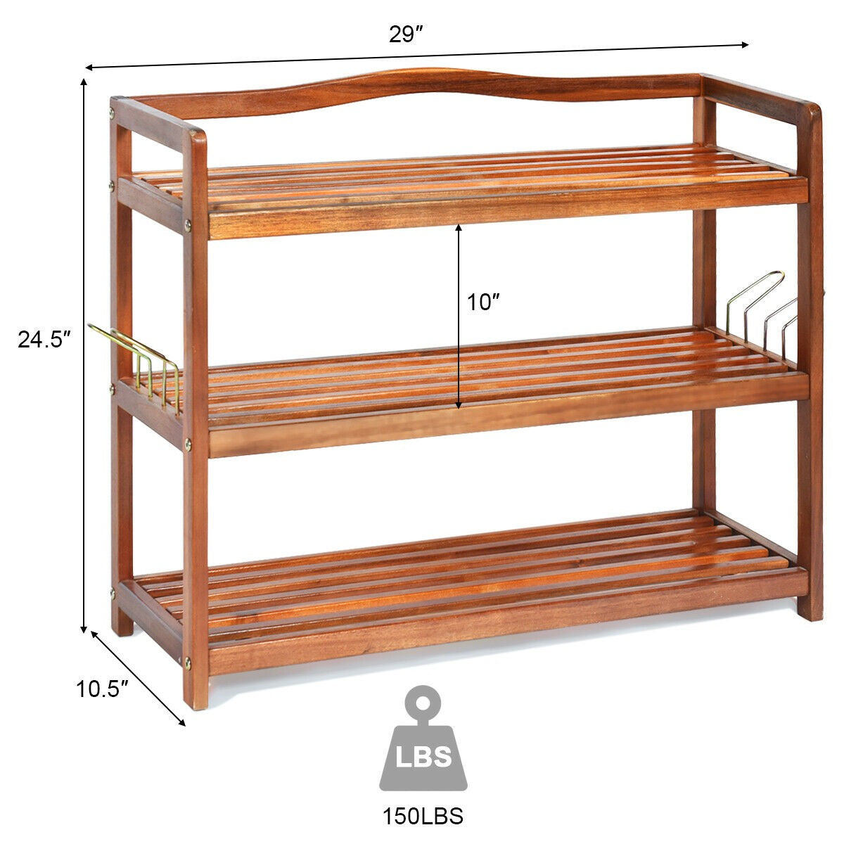 Giantex 3-Tier Wood Shoe Rack 4 Metal Side Hangers, 29"L x10.5"Wx 24.5"H