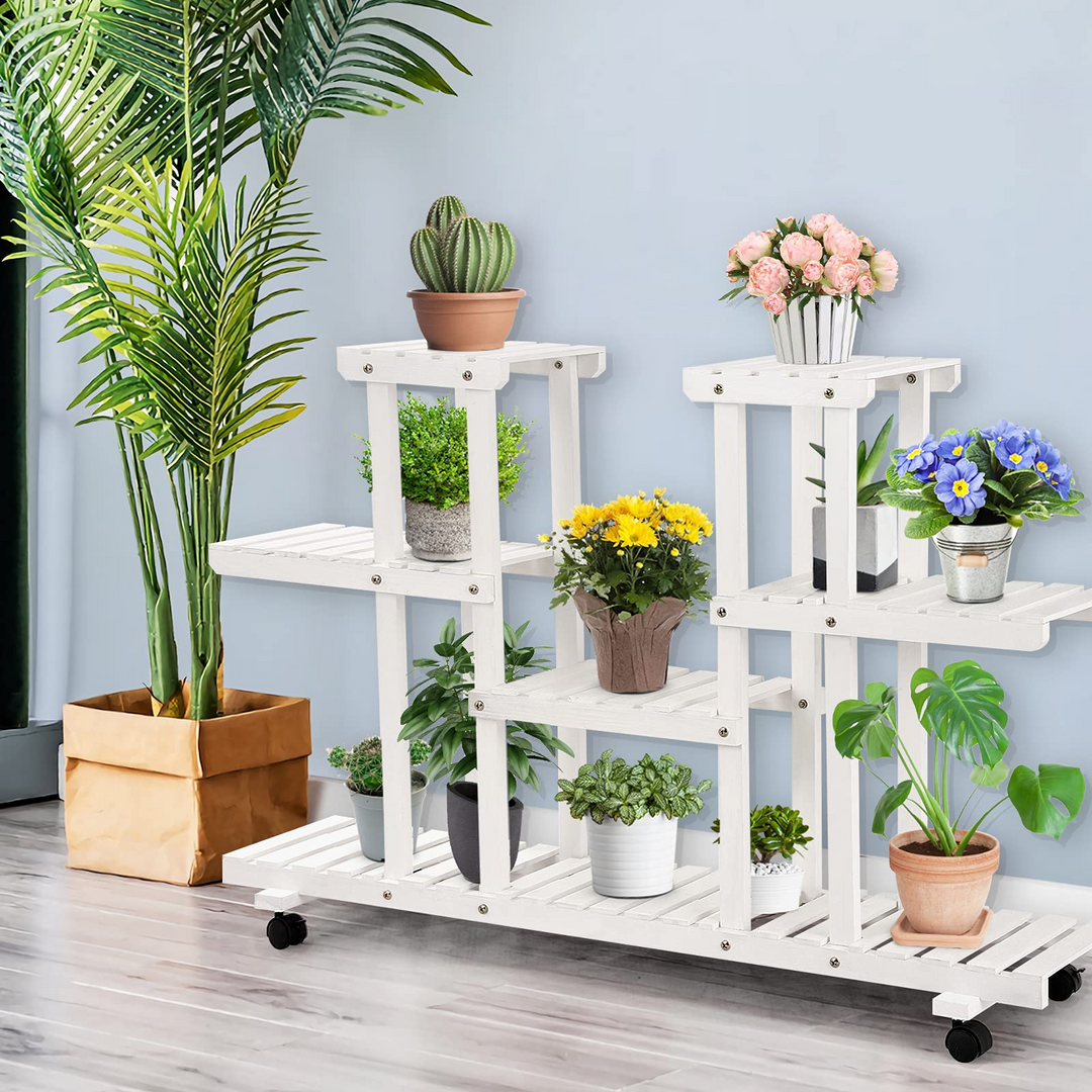 Giantex Rolling Flower Rack Wood Plant Stand on Wheels
