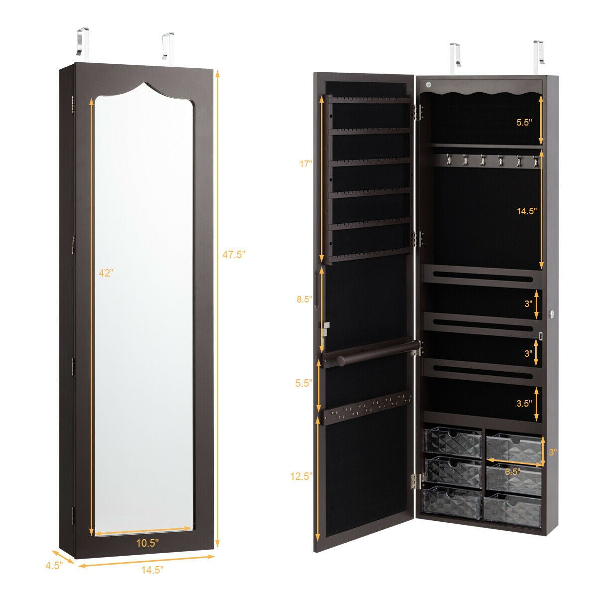 CHARMAID | 5 LEDs Jewelry Armoire Wall Mounted/Door Hanging Mirror - Giantexus