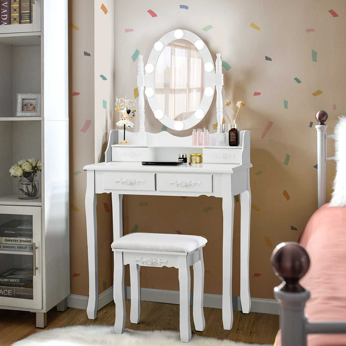 Makeup Dressing Table w/Lighted Oval Mirror and Touch Switch