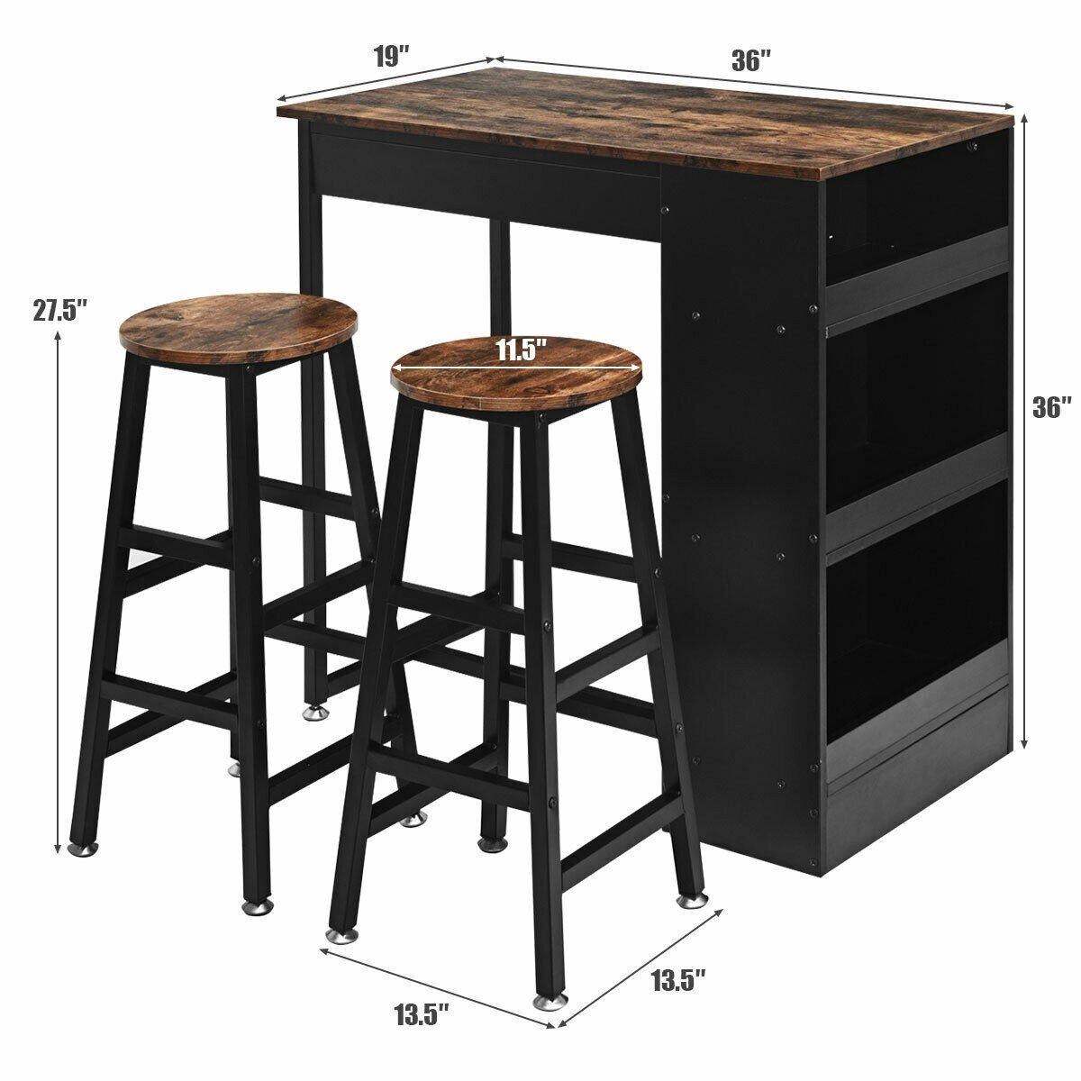 3 Piece Pub Dining Set, Wooden Counter Height Table Set with 2 Bar Stools (Brown) - Giantexus