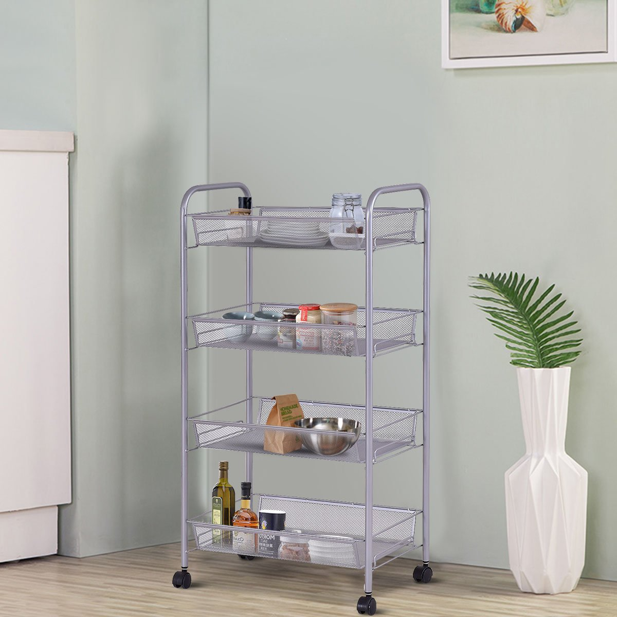 Giantex Storage Rack Trolley Cart Home Kitchen Organizer Utility Baskets (4 Tier, Silver)