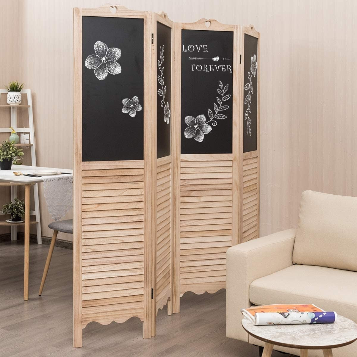 Giantex 5.7 Ft Folding Screen, 4 Panel Screen Room Divider w/ Chalkboard Panels (Natural) - Giantexus