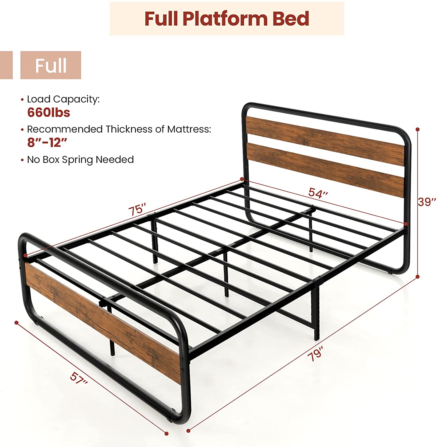 Full Size Metal Bed Frame, Platform Bed - Giantex